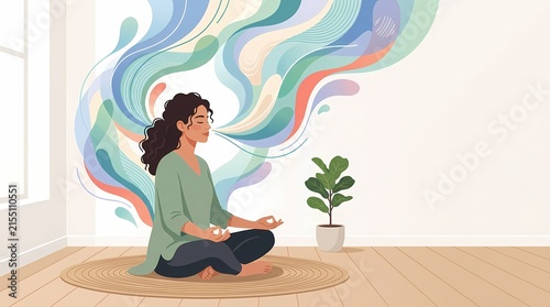Woman practicing yoga and mindfulness meditation at home.