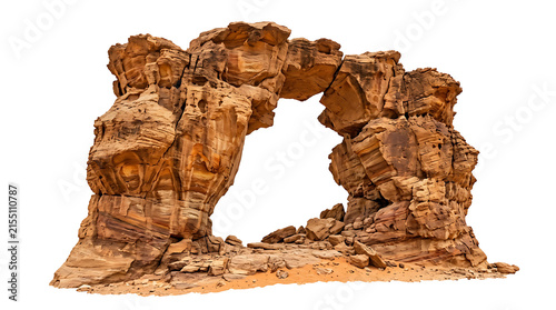 Natural sandstone rock arch formation isolated on white background for desert landscape
