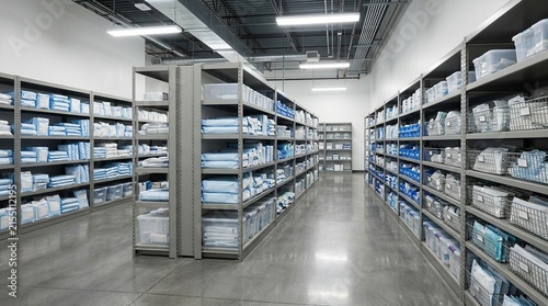 Central sterile supply department shelves stocked evenly with wrapped instrument sets, environmental view – CSSD sterile processing, hospital sterilization department, surgical instrument storage