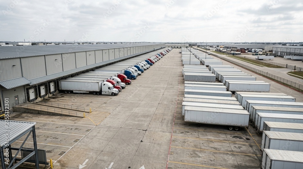 Obraz premium Supply chain loading dock viewed from an elevated platform, wide view – hospital loading dock, warehouse receiving bay, supply chain logistics facility
