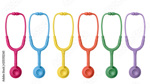 Several colorful medical stethoscopes