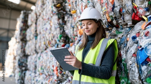 Woman inspecting tablet beside compressed plastic bales in recycling facility, waste sorting, recycling management and environmental sustainability workflow