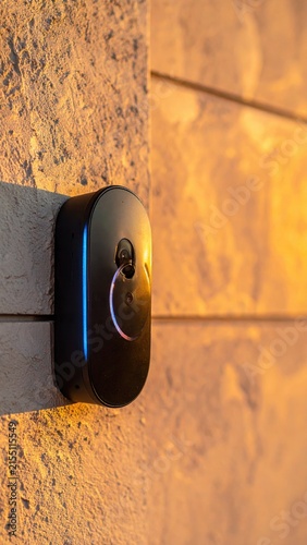Black device with curved edges affixed to a textured, sunlit wall