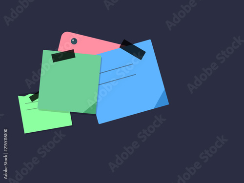 A collection of colorful sticky notes with tape attached, arranged in a layered composition on a dark background
