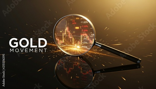 Magnifying glass over gold price chart showing market fluctuations and economic growth.
