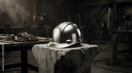 Shiny metal hard hat resting on a stone block in a workshop