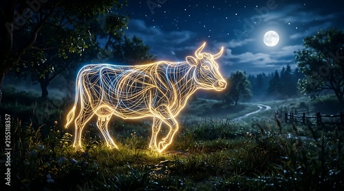 A glowing ethereal cow silhouette standing in a mystical moonlit meadow at night.