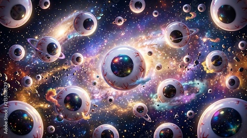 Surreal cosmic background featuring many eyeballs floating like planets in a vibrant colorful galaxy.