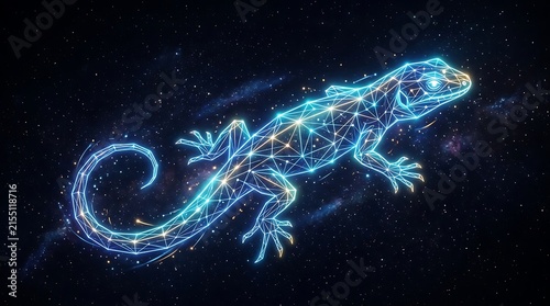 A glowing digital lizard constellation formed by connected lines and dots in deep space.