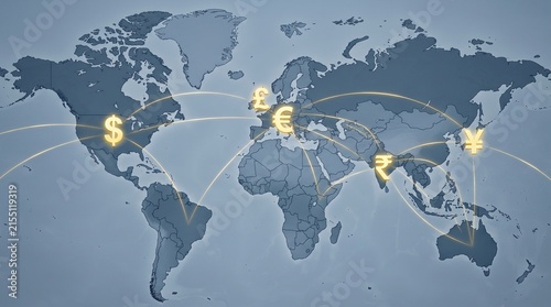 Global currency exchange network map with glowing financial symbols. Featuring dollar euro pound yen and rupee signs connected by transfer lines for international business trade concept.