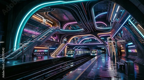 Futuristic subway station interior with neon lights and modern train architecture.