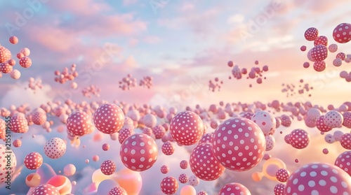 Abstract background featuring floating pink polka dot spheres in a dreamy sunset sky.