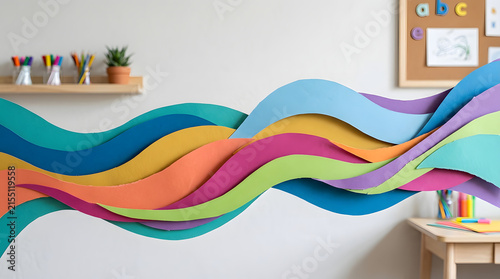 Colorful wavy paper strips decoration in children classroom