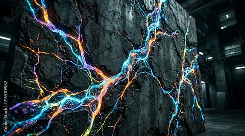 Glowing colorful electric veins spreading across a dark stone block in a futuristic industrial setting.