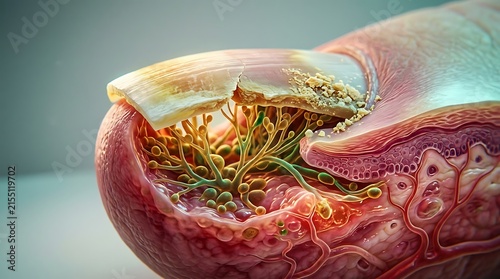 Close up illustration of a human finger showing a fungal nail infection with internal structures.