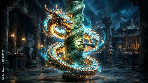 A majestic golden Chinese dragon coiled around an ancient stone pillar in a mystical temple.