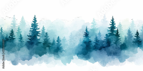 Snowy Winter Mountain Forest Landscape with Frost-Covered Pine Trees, Misty Fog, Frozen Nature, and Peaceful Christmas Holiday Atmosphere