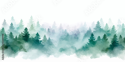 Misty Winter Mountain Forest with Snow-Covered Pine Trees, Foggy Landscape, Frosty Nature Scene, and Peaceful Christmas Holiday Atmosphere