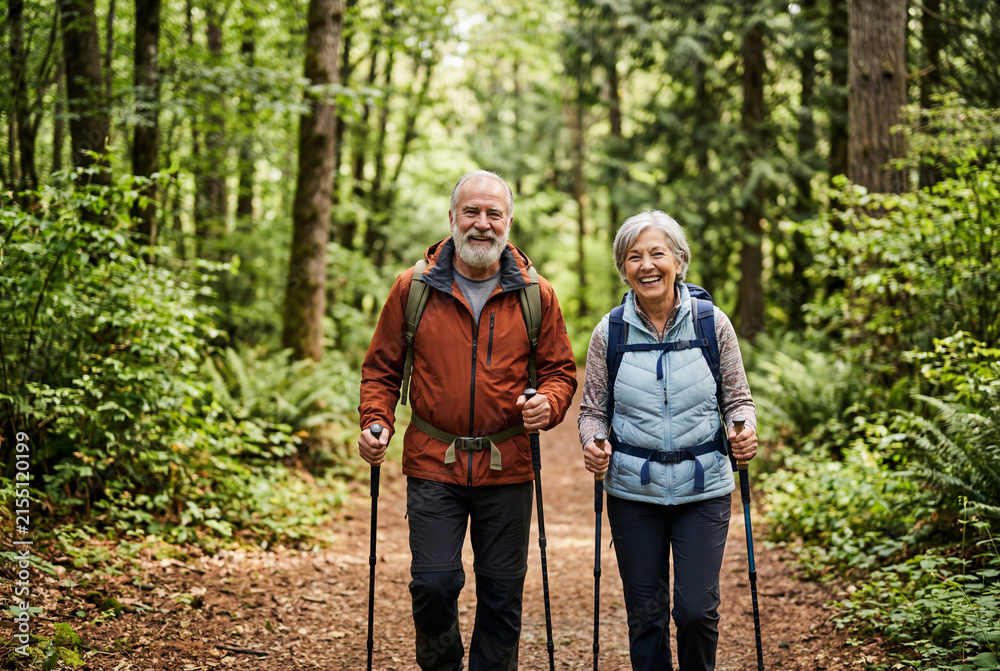 Fototapeta premium A happy senior couple hikes with poles in a forest