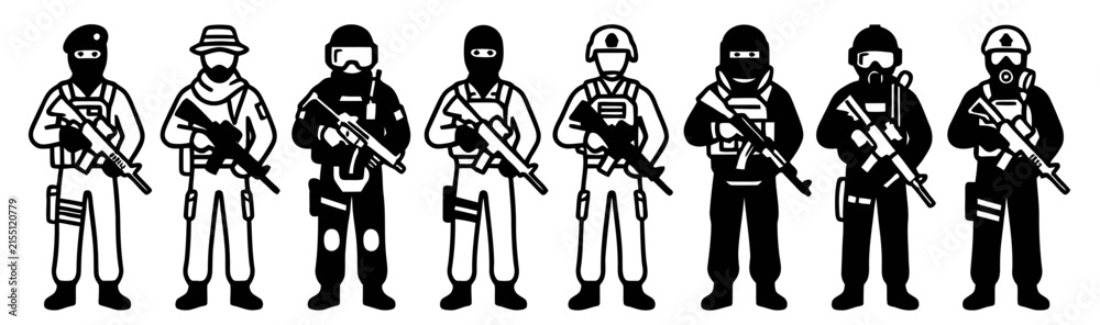 Obraz premium Set of black and white vector icons representing various armed soldiers and special forces operators.