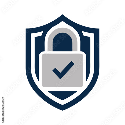 Digital security shield with padlock and checkmark emblem symbolizing data protection access control and verified safety for networks and personal information on a flat design