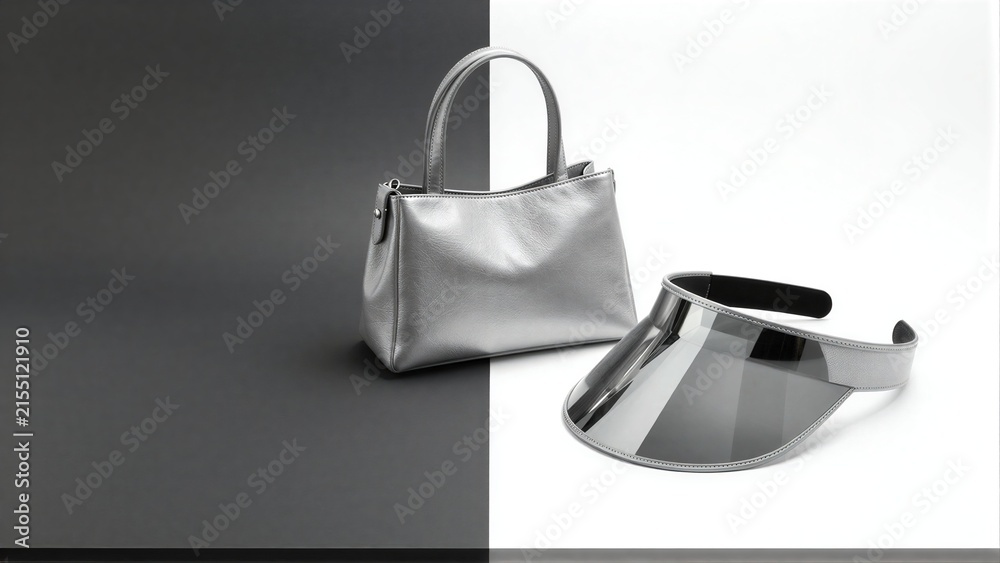 Naklejka premium Silver handbag and visor on minimalist black-white background.
