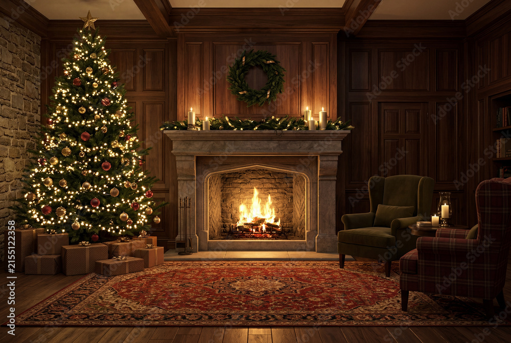 Fototapeta premium Classic living room decorated for christmas with lit tree gifts glowing fireplace and armchairs