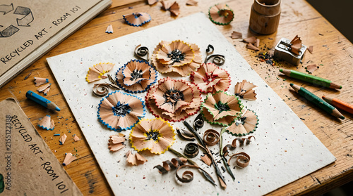 Recycled art flowers made from colored pencil shavings on paper