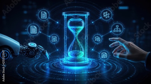 Futuristic Hourglass with Robotic Hand and Human Hand Interacting