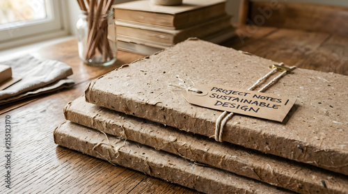 Handmade recycled paper notebooks with sustainable design tag