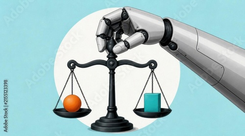 Robotic Arm Adjusting Balanced Scales with Orange Ball and Blue Cube