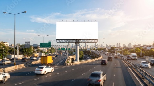 Blank white billboard mockup standing above a busy highway with city traffic and bright blue sky background