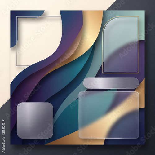 Contemporary luxury abstract background with layered translucent forms metallic gold elements vibrant blue purple gradients premium presentation marketing branding template
