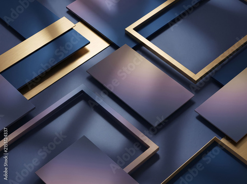 Premium marketing background with abstract glass geometry sophisticated blue purple palette brushed gold accents elegant lighting luxury advertising branding template