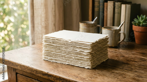 Stack of handmade deckle edge paper on rustic wooden desk
