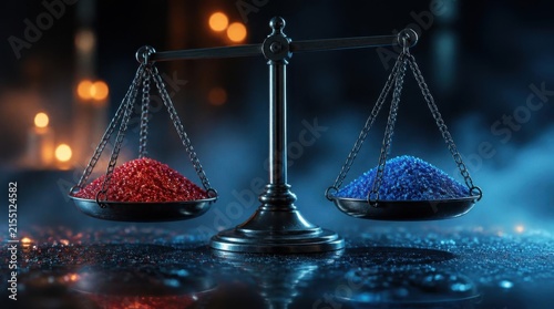 Balanced Scales with Red and Blue Grains in Dim Industrial Lighting