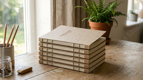 Stack of eco-friendly recycled paper notebooks on wooden desk