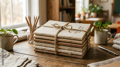 Stack of recycled paper notebooks tied with twine on wooden desk