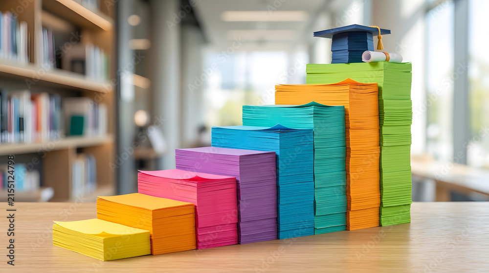 Fototapeta premium Colorful paper stacks forming steps with graduation cap on top
