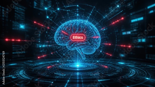Futuristic Blue Brain with Ethics Node in Digital Network