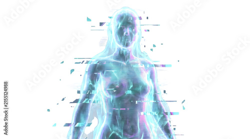 Digital glitch hologram woman figure with neon light effects.
