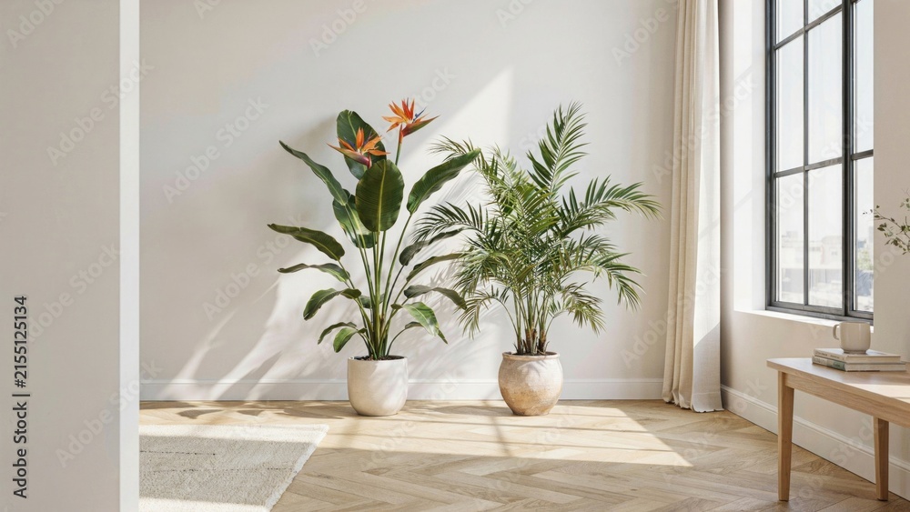 Fototapeta premium Minimalist interior design featuring two large potted tropical plants standing in a bright sunlit room with windows