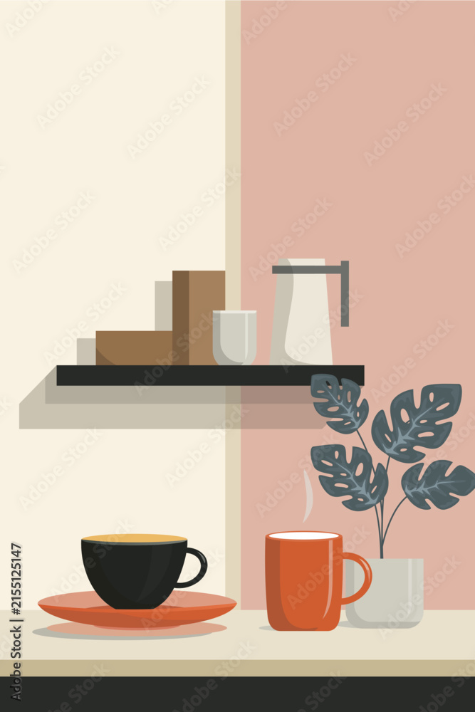 Fototapeta premium Minimalist Flat Vector of Coffee Mugs and Plant on a Counter