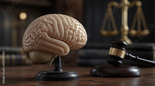 Brain Model on Courtroom Desk with Gavel and Scales in Background