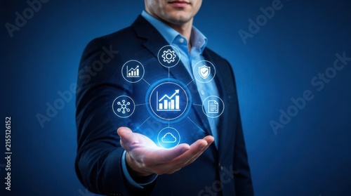 Professional Businessman Holding Digital Data Icons in Floating Ui