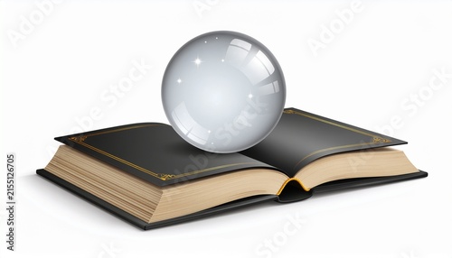 Crystal ball sitting on an open antique book isolated on white background.
