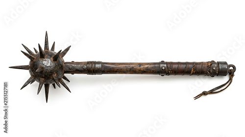 Ancient Medieval Spiked Morning Star Mace Weapon with Wooden Handle Isolated on White