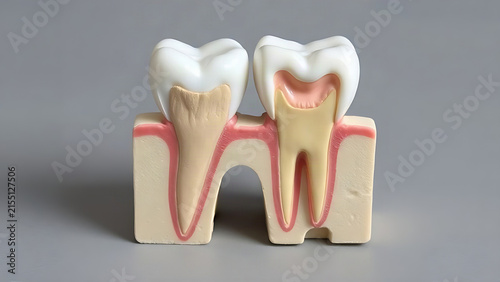 Cutaway dental molar model showing cementum layer, pulp and root canal, anatomy education concept