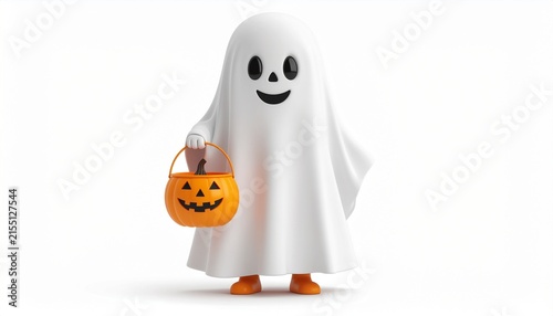 Cute child in ghost costume holding a jack o lantern trick or treat bucket for Halloween.