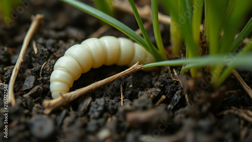 White grub in soil among grass roots, insect larva in earth, nature macro